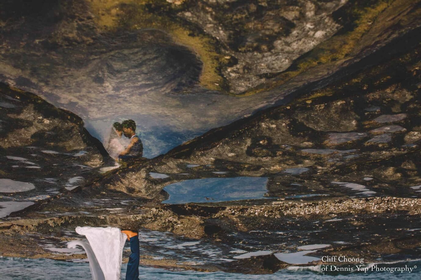 Malaysia Best Prewedding Destination Kota Kinabalu Engagement Photography Cliff Choong wedding photographer nature beach cloud blue sky kiss couple hug veil bridal gown