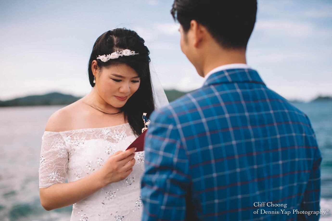 Malaysia Best Prewedding Destination Kota Kinabalu Engagement Photography Cliff Choong wedding photographer nature beach cloud blue sky kiss couple hug veil bridal gown
