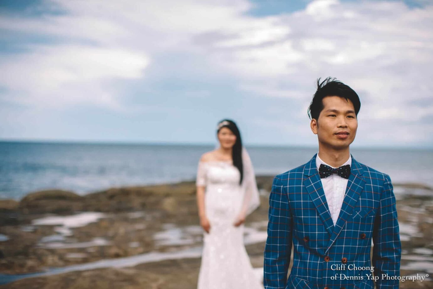 Malaysia Best Prewedding Destination Kota Kinabalu Engagement Photography Cliff Choong wedding photographer nature beach cloud blue sky kiss couple hug veil bridal gown