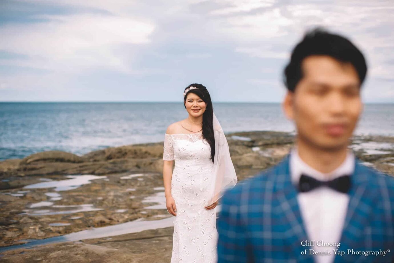 Malaysia Best Prewedding Destination Kota Kinabalu Engagement Photography Cliff Choong wedding photographer nature beach cloud blue sky kiss couple hug veil bridal gown
