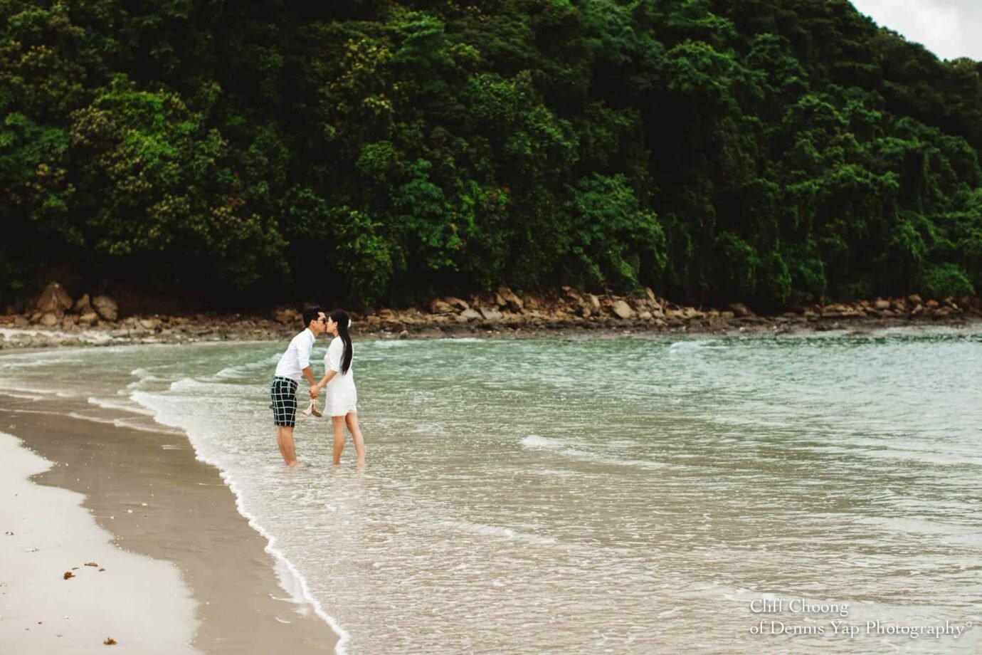 Malaysia Best Prewedding Destination Kota Kinabalu Engagement Photography Cliff Choong wedding photographer nature beach cloud blue sky kiss couple hug veil bridal gown
