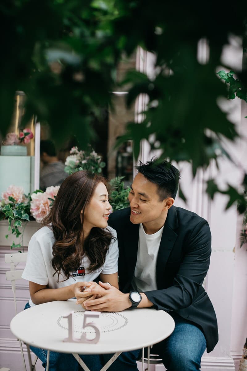 Beloved Couple portrait session at carfe with beautiful flowers at London Street Stephanie & Jack Cliff Choong Photography