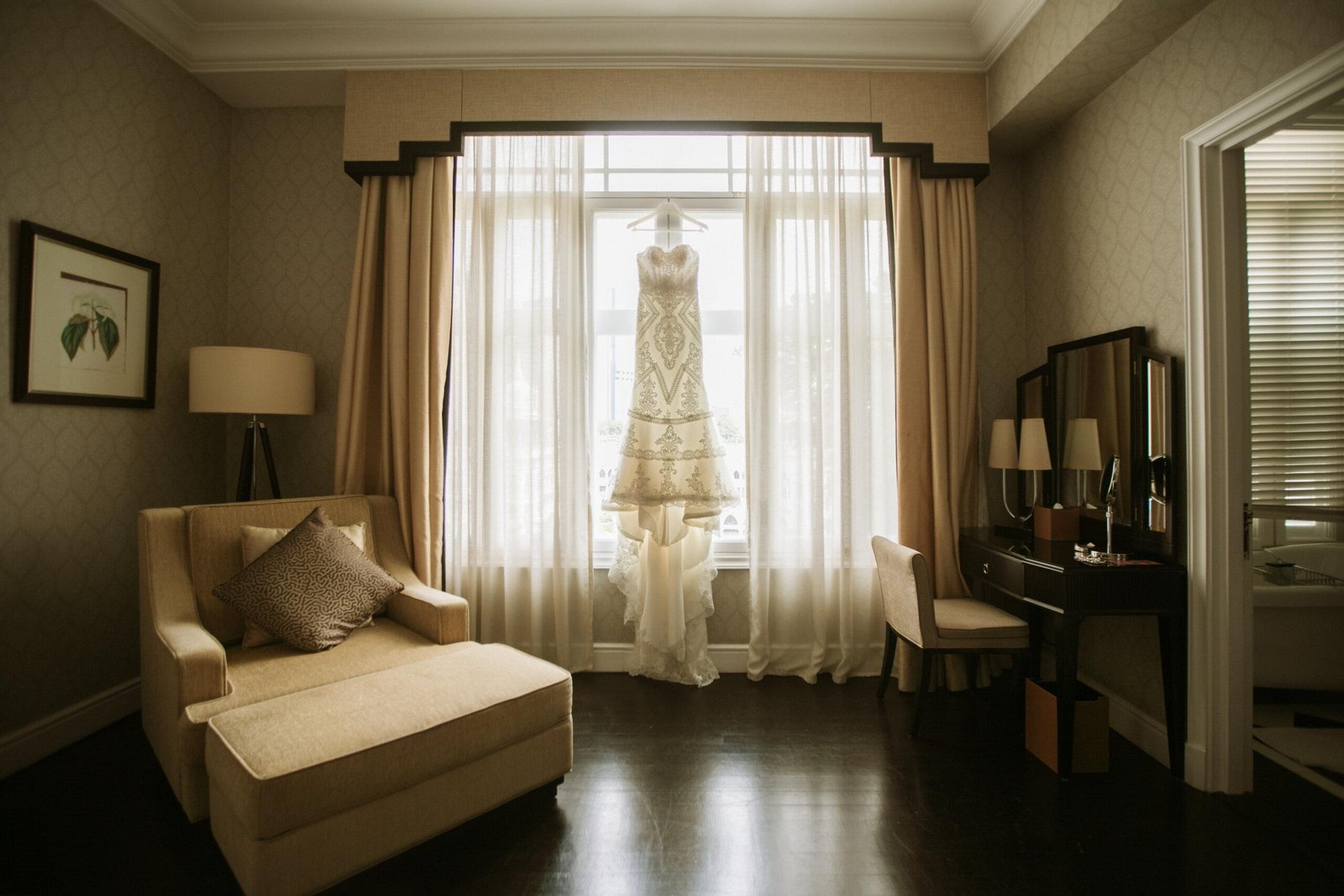 bridal dress hanging actual day The Majestic Hotel Kuala Lumpur Cross cultural wedding japnese malaysian