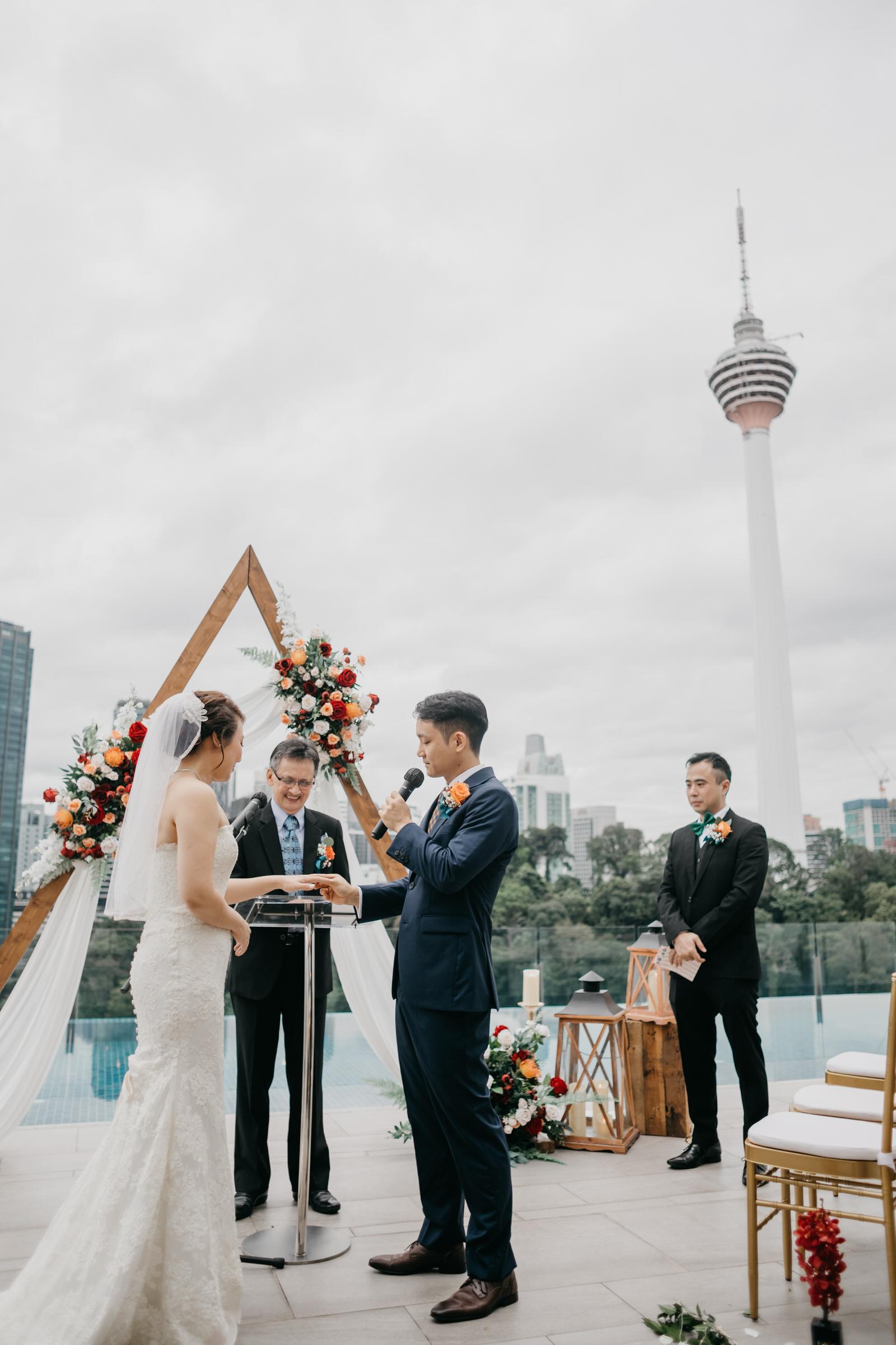 Vow Rings Exchange Boho Deco Rooftop Poolside Wedding at Hotel Stripes Kuala Lumpur MCO2.0 Cliff Choong Photography Malaysia Covid19 ROM 