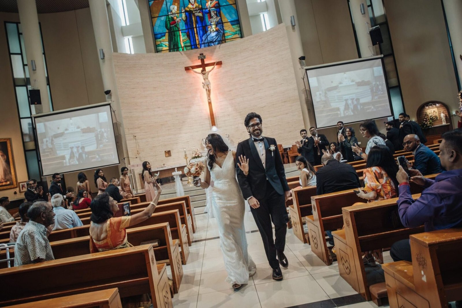 Asheelaa and Shashi marching out after becoming husband and wife at St. Thomas More Church in Subang Jaya