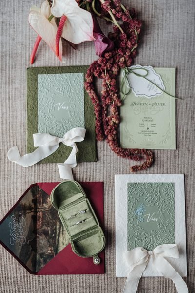 Silver and Yi Shien’s wedding rings, invitation and vow cards photographed by Cliff Choong Photography